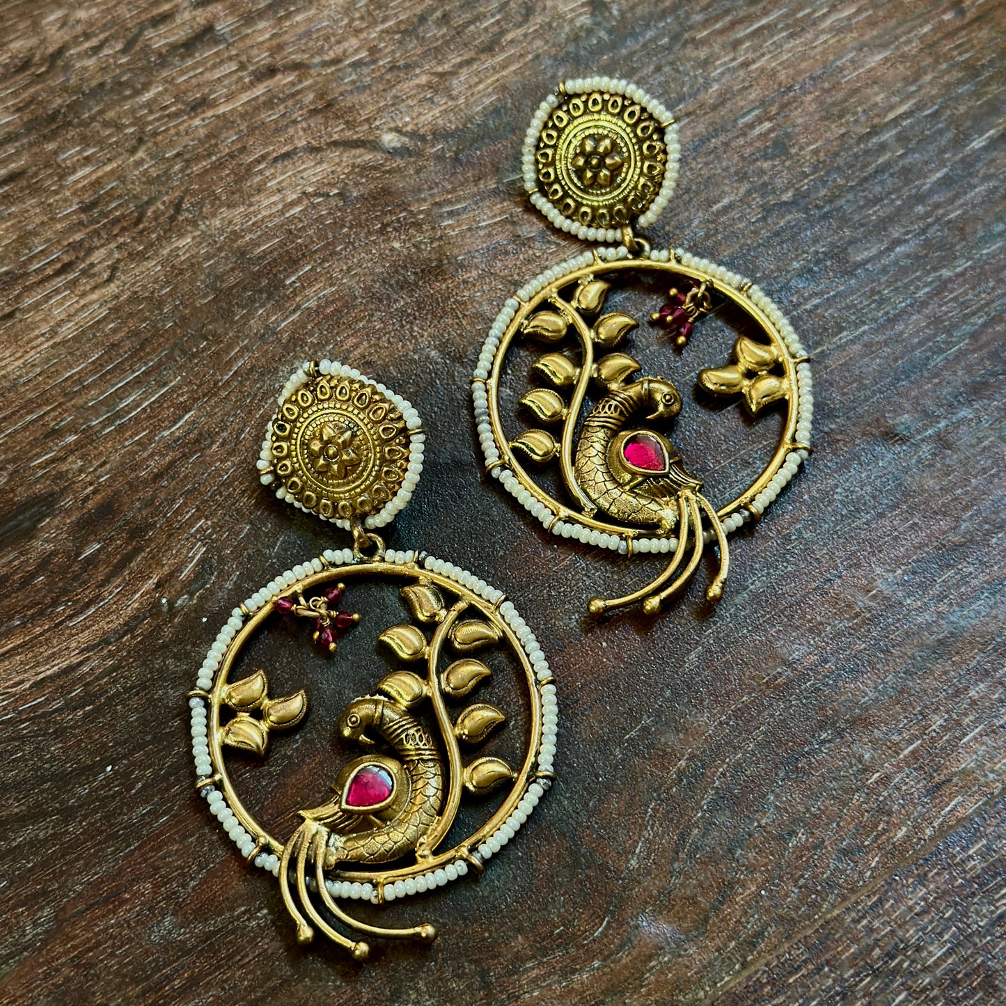 Ruby Peacock Blossom Pearl Drops