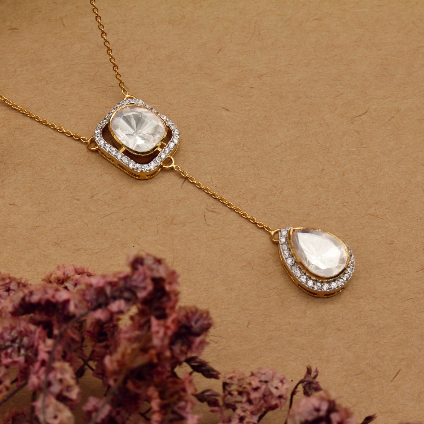 Minimalist Uncut Polki & Gold Drop Necklace Set