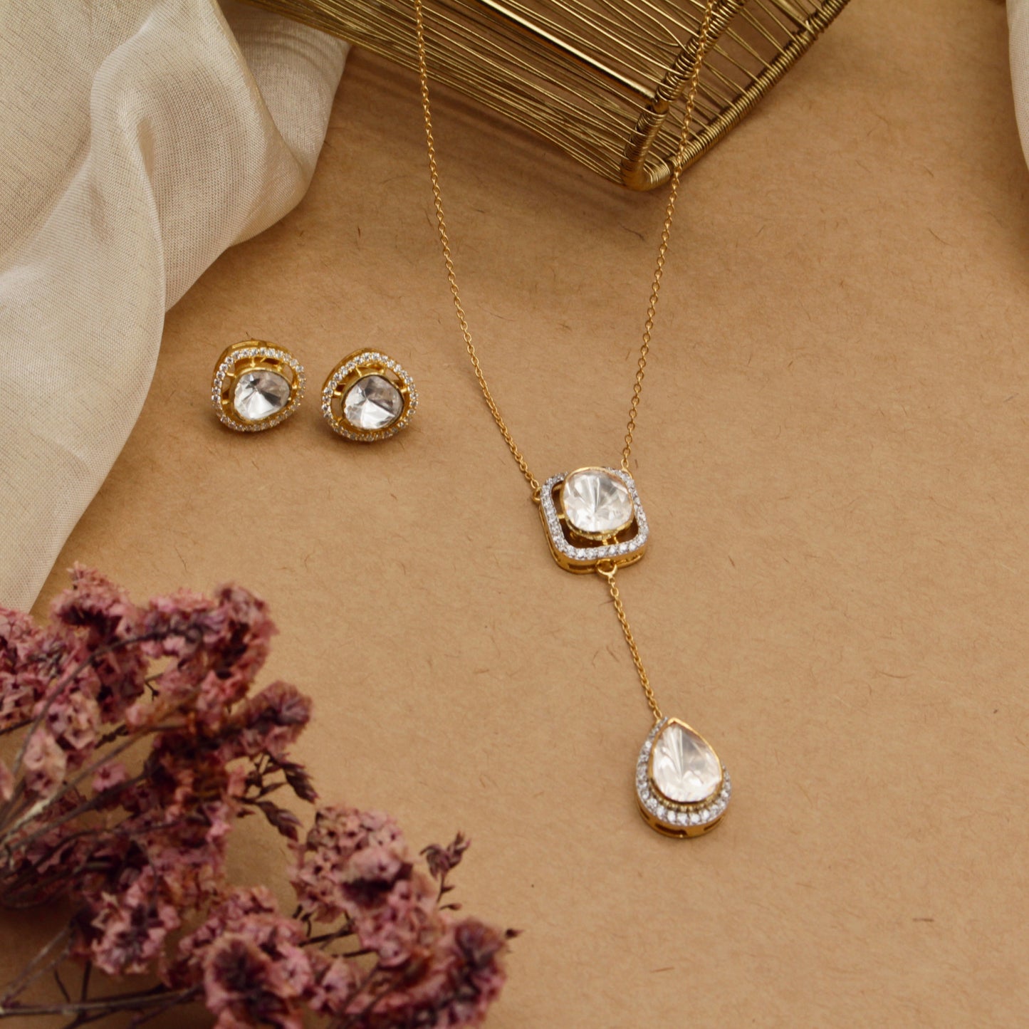 Minimalist Uncut Polki & Gold Drop Necklace Set