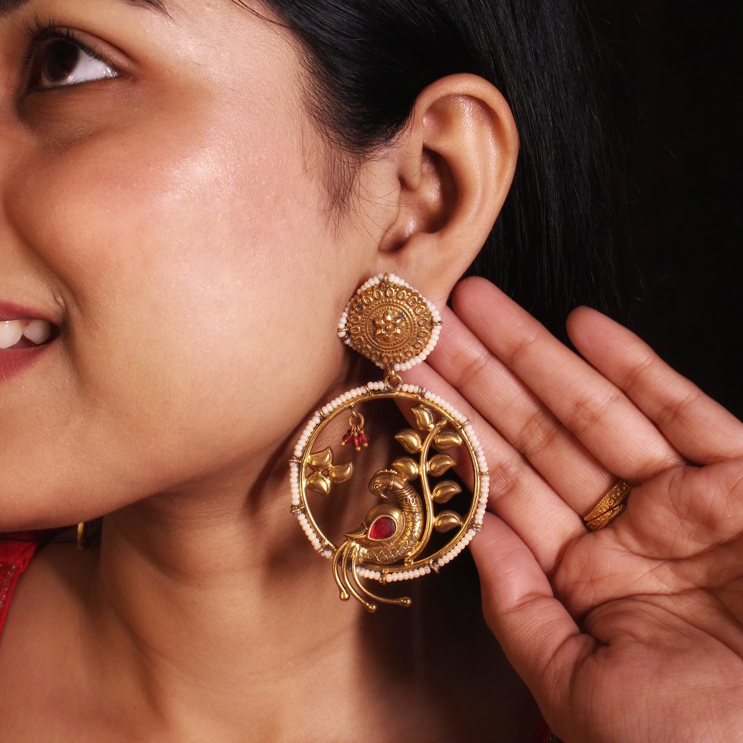 Ruby Peacock Blossom Pearl Drops
