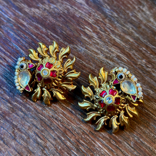 Golden Peacock Jadau Studs