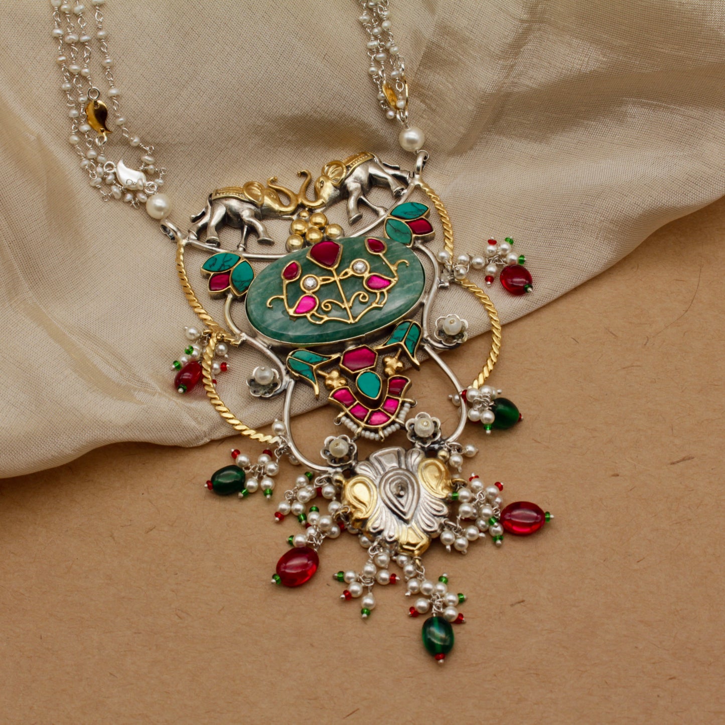 Elephant &amp; Floral Enamel Pendant Necklace Set